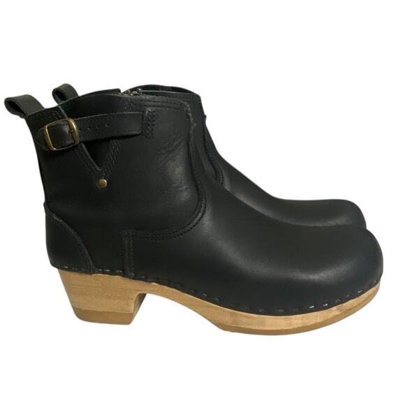 no.6 Shoes - Women's Black Leather Clog Ankle Boots with Buckle